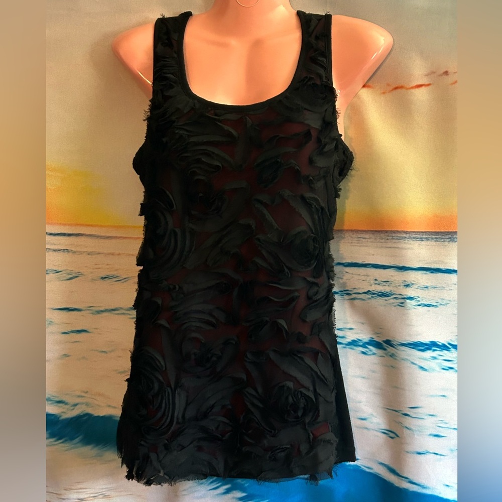 Absolute Angel New York Black & Red Floral Sheer Tank Top Sleeveless Blouse XL